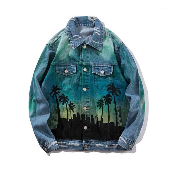 

distressed denim jacket streetwear hip-hop mens jacket coconut tree print loose jackets and coats men's spring autumn clothes1, Black;brown