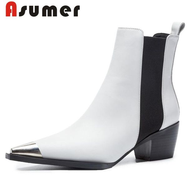 

asumer new 2020 metal pointed toe ankle boots for women elastic band winter boots mixed colors fashion genuine leather, Black