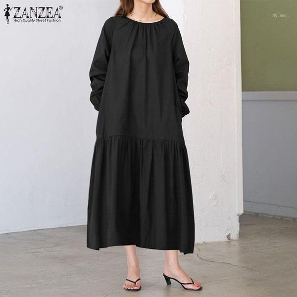 

zanzea dresses for women spring long sleeve sundress 2021 ladies mid-calf vestido de mujer casual solid robe femme plus size 5xl1, Black;gray