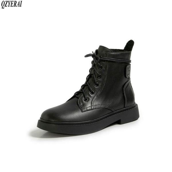 

2020 autumn and winter genuine leather female boots riding boots women's warm cowhide lace-up shoes, Black