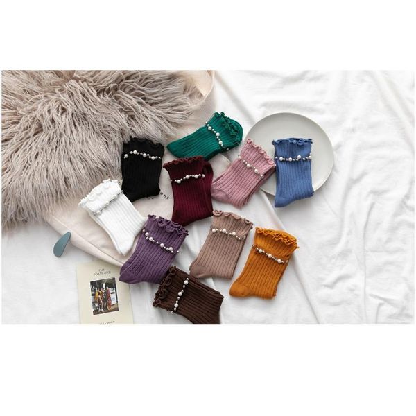 

women socks solid color autumn pearl ruffle socks female lolita kawaii harajuku cute sock woman socks cotton fun bbydma, Black