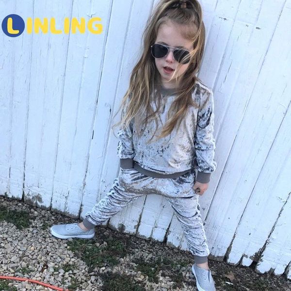 

linling fashion girl 2pc shiny suit pleuche children's autumn style 2-piece gold velvet pullover + pant suit for girls v5901, White