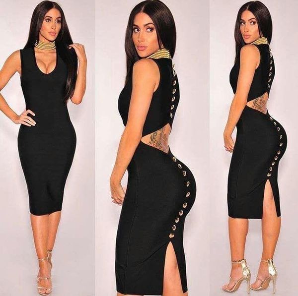 

celebrity black sleeveless back bottons bodycon rayon bandage dress cute evening party dress, Black;gray