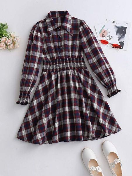 

girls tartan shirred waist bishop sleeve shirt dress she, Red;yellow