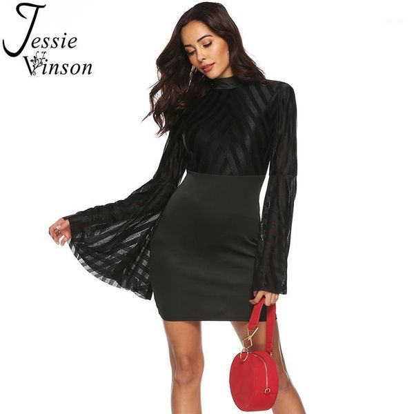 

jessie vinson long flare sleeve backless black mesh bandage dress women mesh patchwork bodycon mini dress party club wear1, Black;gray