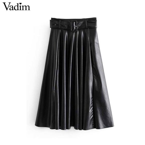 

vadim women chic pu leather solid midi skirt bow tie belt side zipper a line female basic casual fashion skirts mujer ba774 y200326, Black