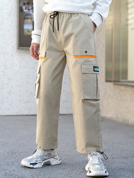 

men patch detail contrast tape cargo pants b4qz#, Black
