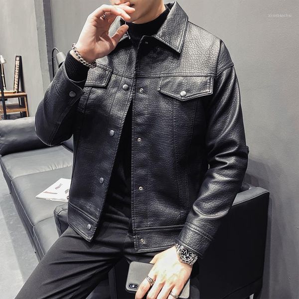 

black pu leather motorcycle jacket men clothing 2021 fashion turn down collar slim fit casual outwear coats 3xl-m1