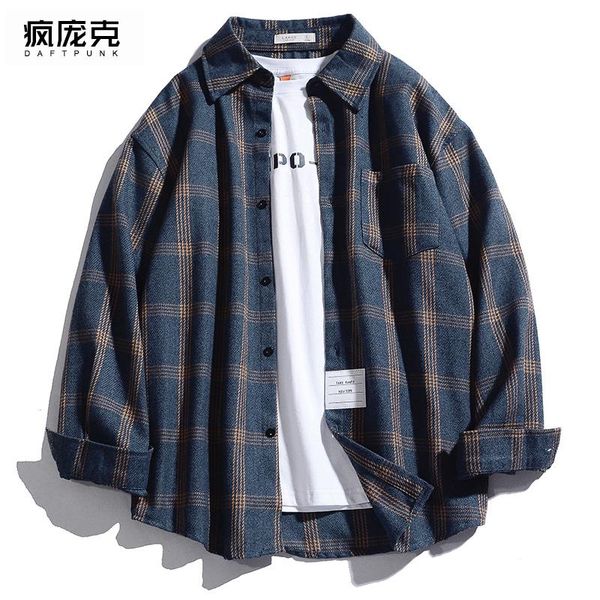 

loose korean plaid men shirt button solid blue casual shirt men long sleeve camisa xadrez retro mens clothing spring new mm60ncs, White;black