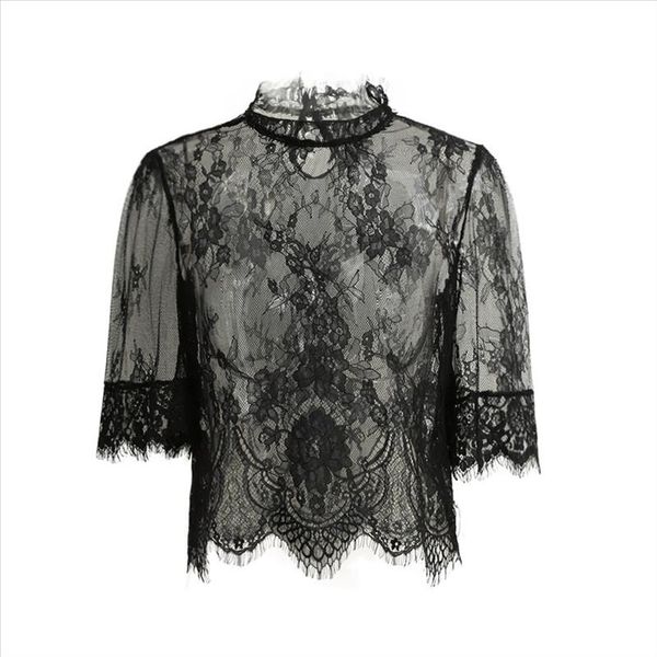 

2019 sexy sheer lace crow crop top женщины вышивка кружева кружева высокие шеи шнур рукав дама блуза сетка рубашка clubwear bluss black, White
