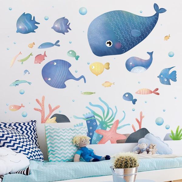 

[shijuehezi] underwater world marine fish wall stickers cartoon diy wall decals for house kids rooms baby bedroom decoration1