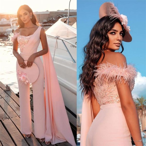 

one shoulder jumpsuit prom dresses with wrap feather lace formal evening dress glitter sequins party gowns modern fashion robe de soirÃ©e, Black;red
