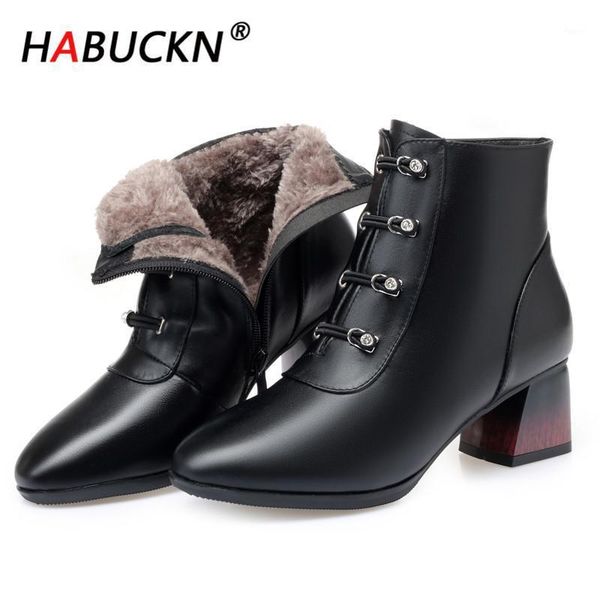 

boots habuckn 2021 fashion lady shoes genuine leather women ankle big size pointed red wedding elegant black1, Black