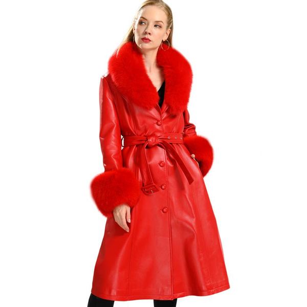

women's leather & faux winter autumn fashion women long real sheepskin jacket with big fur collar and cuffs natural coat suit, Black