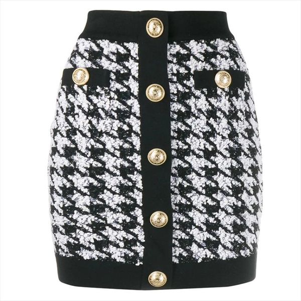 

2020 designer skirt womens lion buttons shimmer tweed houndstooth mini skirt drop shipping, Black
