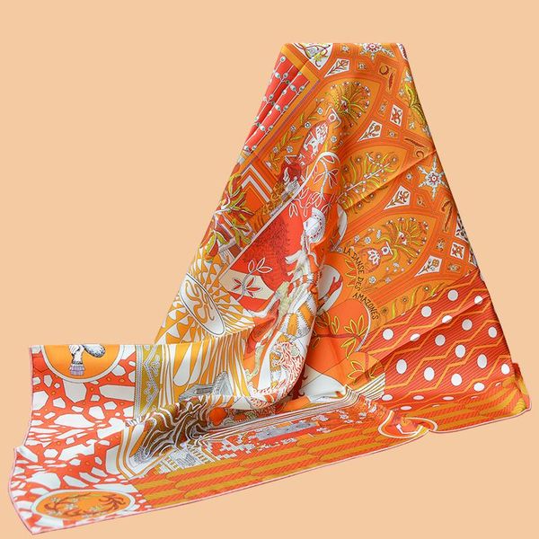 

scarves huajun 2 store||classic orange "la danse des amazones" 90 silk scarf, twill printing, anti-wrinkle, handmade stitching, Blue;gray