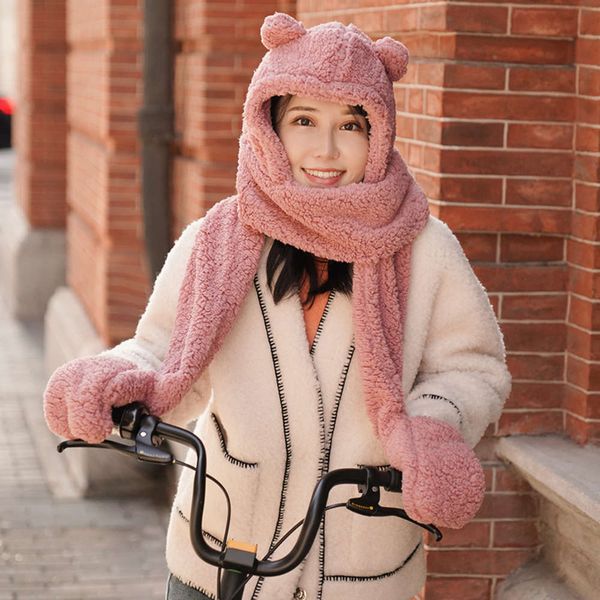 

and version winter plush panda korean children's parent-child suit thickened warm solid color bib hat glove three piece set uvok, Red;brown