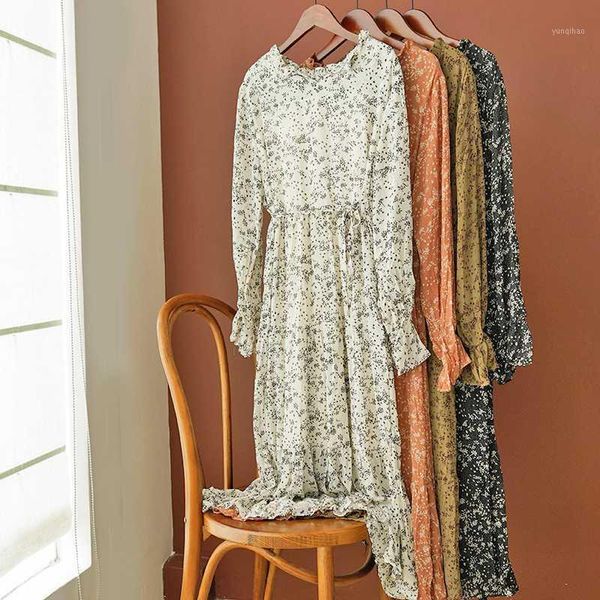 

2020 spring dress women black floral chiffon korean dress high waist bandage long sleeve vestidos1, Black;gray