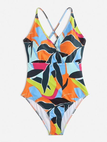 

plus allover print one piece swimsuit v7bk#, Black