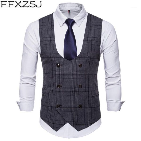 

ffxzsj2019 new brand men's business casual vest men's clothing casual plaid double breasted vest1, Black;white