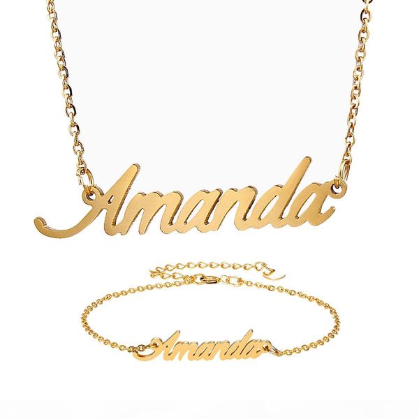 

fashion stainless steel name necklace + bracelet set for women " amanda " script letter gold choker chain necklace pendant namepla, Silver