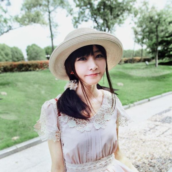 

wide brim hats lady summer boater sun cap ribbon round flat straw beach hat panama for women uv protection chapeau femme1, Blue;gray