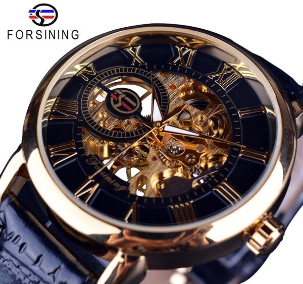 

forsining men watches brand luxury mechanical skeleton watch black golden 3d literal design roman number black dial clock 201214, Slivery;brown