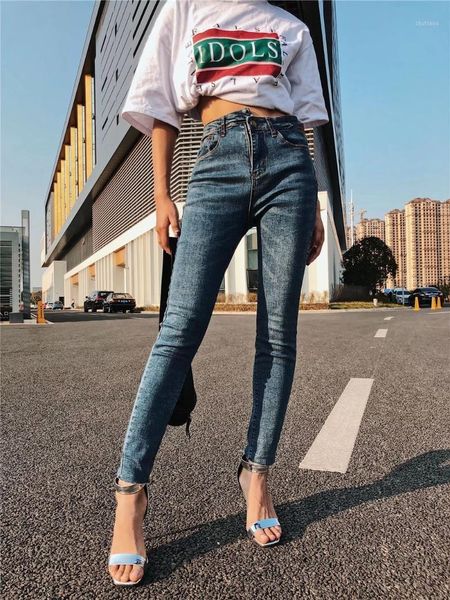 

washed zippers skinny womens jeans stretch korean high waisted pencil denim jeans ankle- length feminino1, Blue