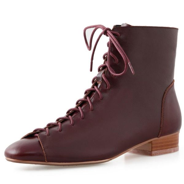 

plus size 33-43 women's genuine leather lace-up flats ankle boots round toe casual sutumn retro soft comfort short booties shoes, Black