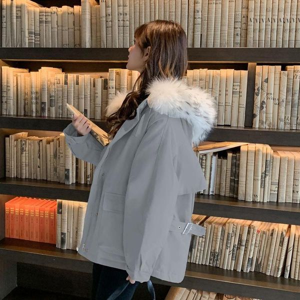 

2020 new winter women solid warm thick jackets big fur collar coats female loose hooded down cotton short oversized parka p391, Black