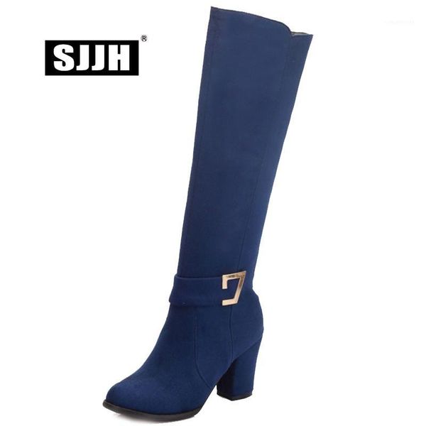 

boots sjjh women nubuck long with round toe chunky heels zip short plush knee-high fashion casual shoes large size q5711, Black