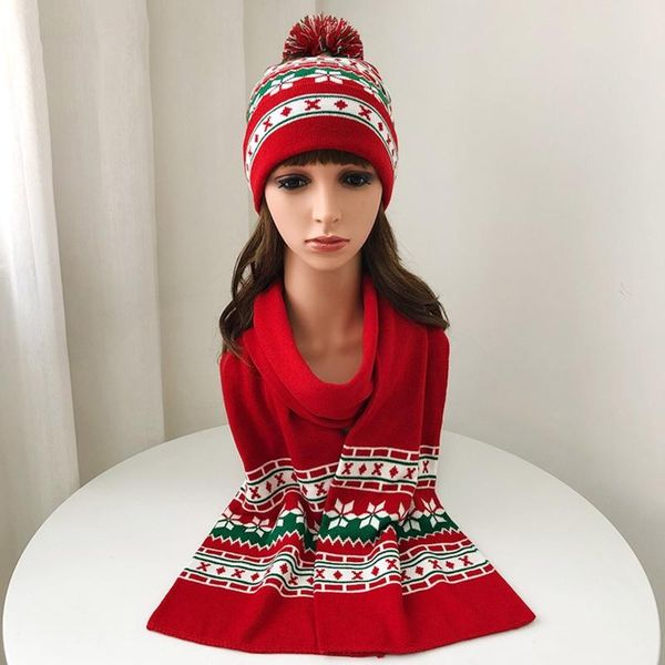 

beanies winter 2pcs christmas snowflake knitted pompom beanie hat long scarf warmer set 649c