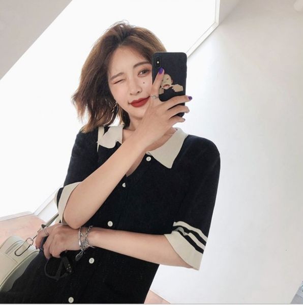 

school style pphome art bf new harajuku 18 knitted polo dress medium length women, Black;gray