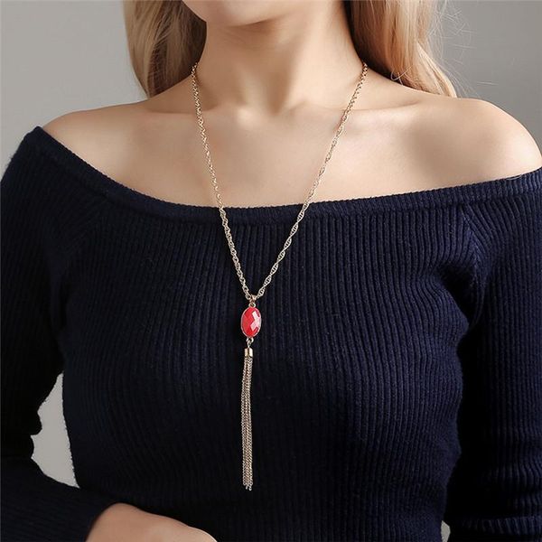 

pendant necklaces pinksee temperament sweater chain necklace long tassel metal double-sided color beads party jewelry, Silver