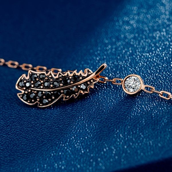 

luxury small light black silver feather necklace elegant female swarovski elements crystal clavicle chain batch fashion design