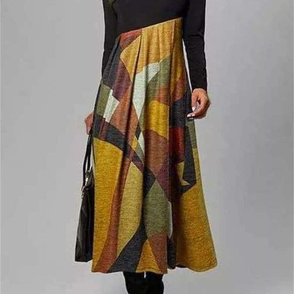 

long 2021 v-neck spring sleeve new dress women's printed pleated skirt, Black;gray
