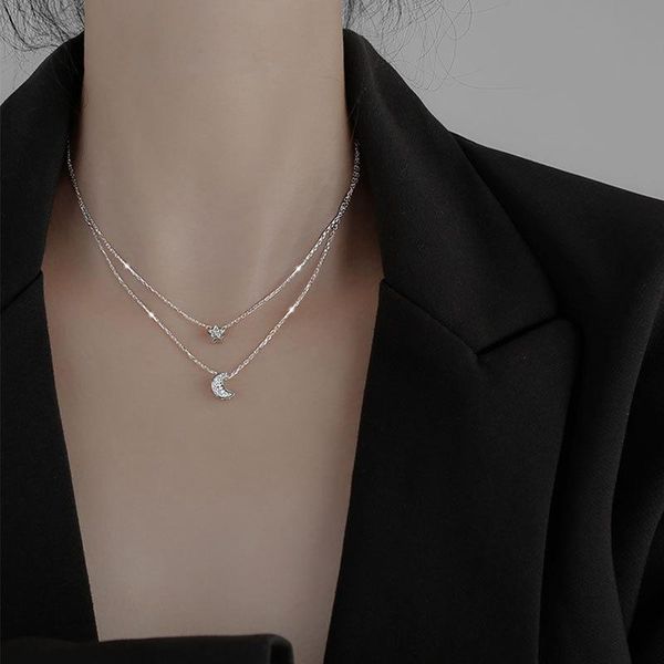 

chains s925 sterling silver necklace for women star moon double layer clavicle chain in 2021 jewelry wholesale