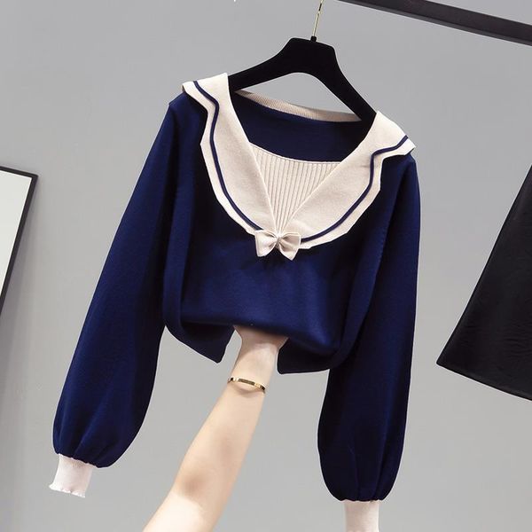 

2021 new sweet female-style pullover with low-cut blue-red short-black-blue nice bow short sweater y513 ck80, White;black