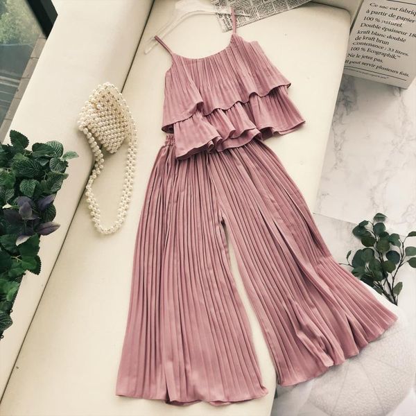 

elegant two piece set and pants new 2020 summer women fashion solid casual pleated suit set korean clothes roupas feminina11, White