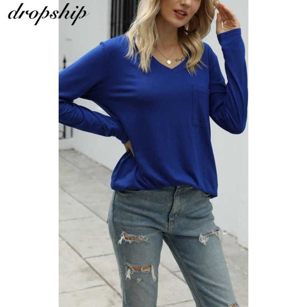 

solid blue white shirts for women pullovers plus size loose long sleeve shirt v neck pocket casual fall winter clothing 2xl