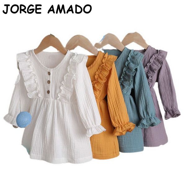 

toddler kids baby girl autumn dress ruffles long sleeve solid cotton linen party casual dress clothes 1- lj200923, Red;yellow