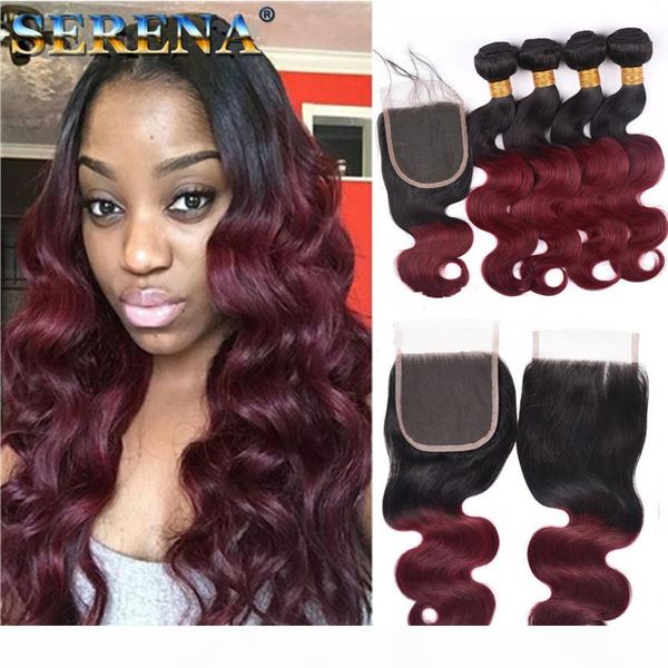 

ombre malaysian body wave virgin human hair extensions 2 two tone 1b 99j burgundy wine red malaysian remy human hair weave bundles closure, Black;brown