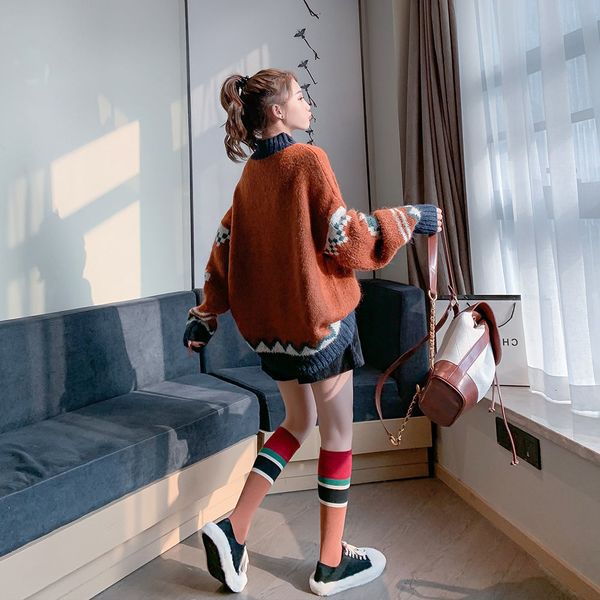 

2021 quality color of contrast semi-turtleneck high female sweater fall winter clothes retro-sweater slacker hnny, White;black