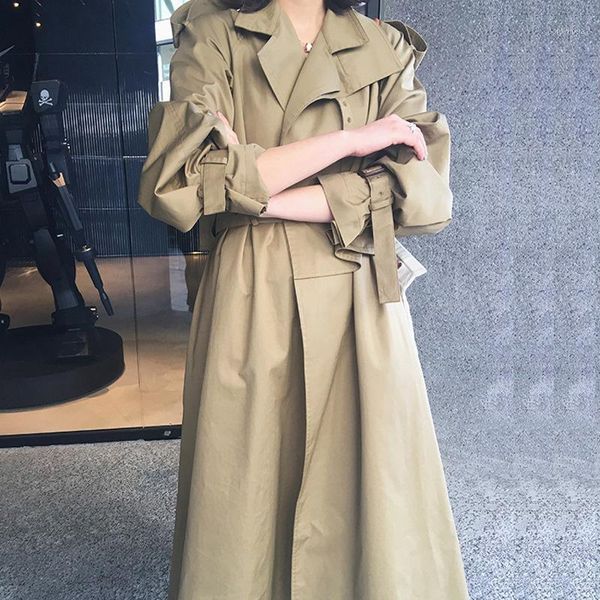 

superaen 2021 spring new solid turn down collar lace-up a-line long trench coat women1, Tan;black