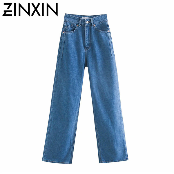 

zinxin 2020 women high waist overlength jeans pants trousers pockets zipper female wide leg denim pants, Blue