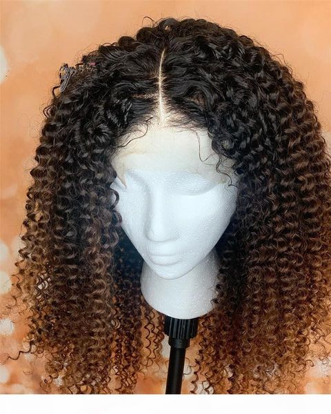 

1b 30 ombre afro kinky завитые hd парик фронта шнурка preplucked upart бразильский remy короткие вьющиеся закрытия кружева человека парики в, Black;brown