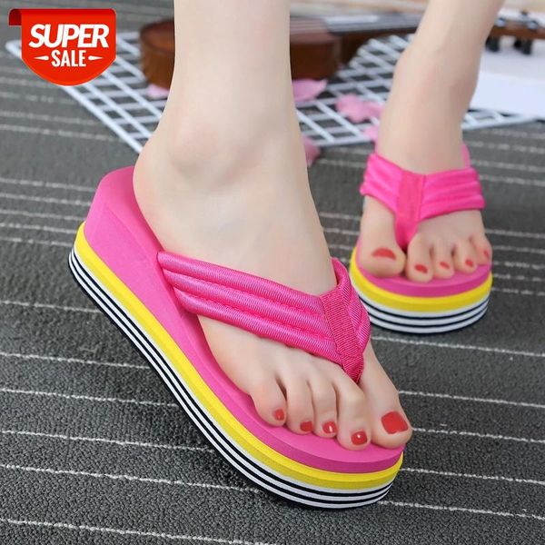 

summer flip flops womans 2020 fashion and thick sand beach slippers candy color wedges platform outdoor slippers #q99x, Black