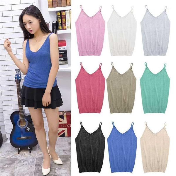 

glittering knitted women camisole vest stretchable v neck slim strappy tank 1, Black;white