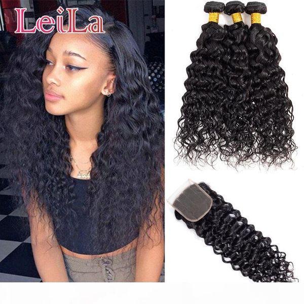

8a peruvian human hair water wave bundles with 4x4 lace closure hair extensions wholesale leila natural color black 8-28inch, Black;brown
