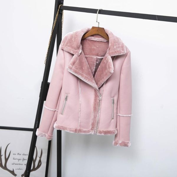 

girls short pu leather jacket winter women faux leather jacket motorcycle long sleeve faux fur collar thick fluffy pink coat hot, Black